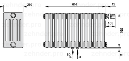 Схема (чертеж) Радиатор Zehnder Charleston 6055/14 №V008 Белый глянцевый RAL 9016